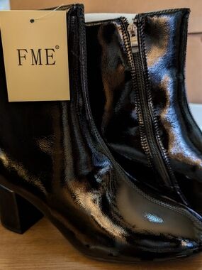 ME Makeover Essentials Shiny Black Patent Ankle Booties with Side Zip